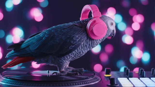 Colorful parrot wearing pink headphones stands on a turntable, surrounded by vibrant bokeh lights, creating a lively and playful atmosphere in a music-themed environment