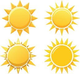 Collection of Four Stylized Sun Icons – Vector Set of Decorative Sun Symbols for Weather Apps, Summer Designs, Spiritual Themes, and Nature-Inspired Branding