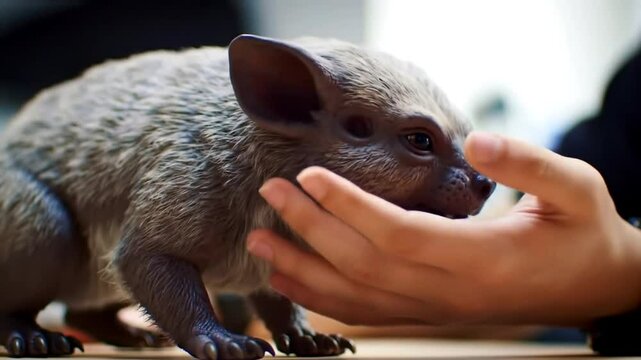 Close-up of a Hand Gently Stroking a Realistic Wombat Figurine Detailed Textures and Lifelike Pose