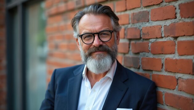 Mature bearded man with glasses leans against rustic brick wall. Wears stylish dark suit, white shirt, exuding professional confidence, urban sophistication. Thoughtful expression, groomed appearance