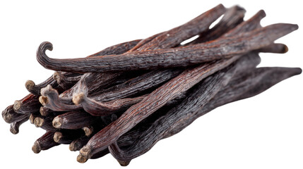 A close-up shot of a pile of dark brown vanilla beans, isolated on transparent background. beans are wrinkled and show their natural texture.
