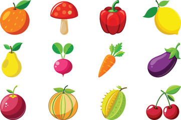 Colorful and stylish fruits vector illustration set or collection, High quality variety style fruits vector graphics icon design, mushroom, Pink radish, pea, carrot, Cherry and other fruits icon