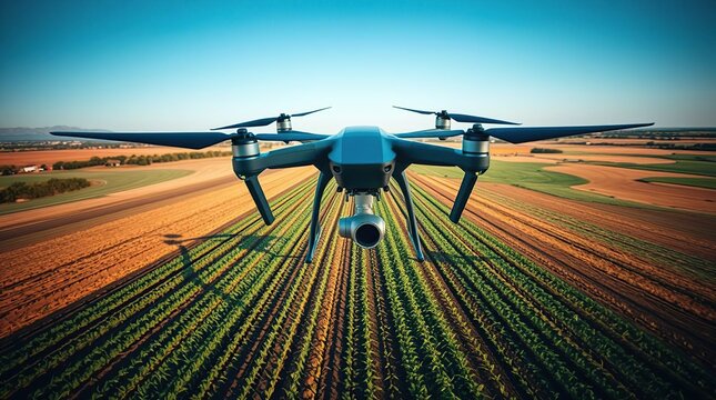 Drone flies over patterned farmland