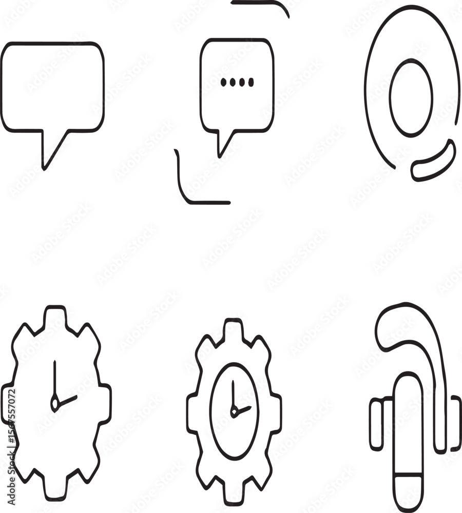 Poster white background with message icons gear clock and headset in a minimalist style arrangement overhea