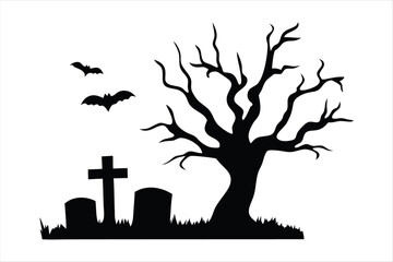 Spooky Halloween Graveyard Scene Silhouette - Bare Tree & Tombstones Vector