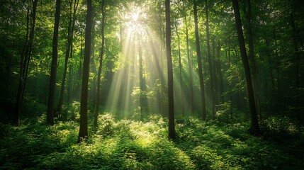 Obraz premium Calm woodland sanctuary illuminated by morning sunlight rays high resolution picture