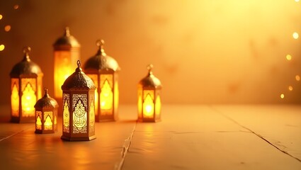 Fototapeta premium Traditional Glowing Islamic Lanterns with Rose Petals and Warm Bokeh Lights
