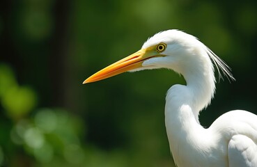 Fototapeta premium Majestic great egret close-up profile. White heron bird boasts elegant plumes, bright yellow eye, orange beak. Natural habitat features rich green foliage, indicating serene wetland marsh environment.