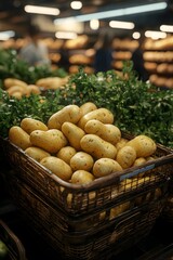 Fresh potatoes neatly arranged in the vegetable area of the supermarket attract customers to choose