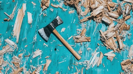 Axe on Turquoise Surface with Wood Shavings: Rustic, Textured, Top-Down View.