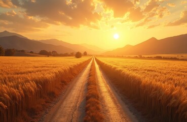 Golden hour illuminates country road flanked by wheat fields leading towards distant mountains. Warm sunlight bathes landscape in vibrant hues, suggesting peaceful journey or summer adventure.