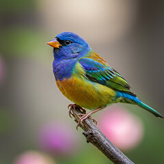 Blue and yellow bird perched on edge of table
