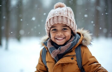 Cheerful African boy enjoys winter forest. Smiling child wears warm beanie, jacket, scarf. Snowfall adds magic to outdoor fun. Healthy childhood, fresh air, active lifestyle.