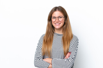Young caucasian woman isolated on white background keeping the arms crossed in frontal position