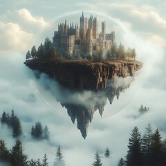 A floating island castle enveloped in a transparent sphere.
