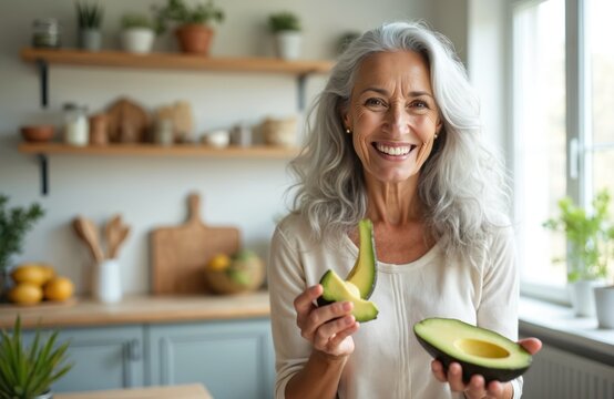 Cheerful elderly woman with gray hair smiles holding avocado halves in a bright kitchen. This image represents healthy eating, active lifestyle, and senior wellness promoting fresh food and nutrition.