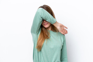 Young caucasian woman isolated on white background covering eyes by hands