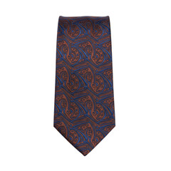 Elegant Men's Silk Tie with Blue and Brown Pattern Isolated on White
