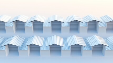 Repetitive Architectural Pattern: Rows of Minimalist White Houses with Corrugated Metal Roofs