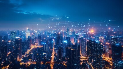 Obraz premium Connected urban landscape under twilight, reflecting modern technology
