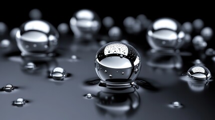 Macro Shot of Water Droplets: Reflective Spheres on Dark Surface