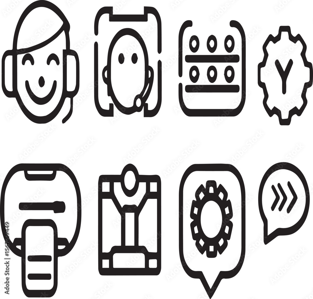Poster collection of eight black outline icons arranged on a white background in a horizontal pattern