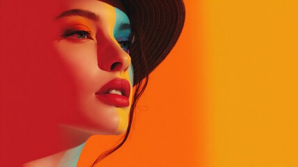 Beautiful woman wearing a hat, with bright makeup, against an orange and blue gradient background. Photorealistic portrait. Commercial photography with vibrant colors and a bold fashion style. 