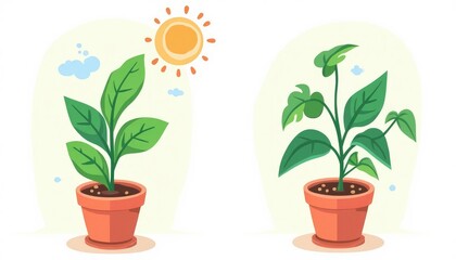 Fototapeta premium Two potted plants, one thriving, the other growing.