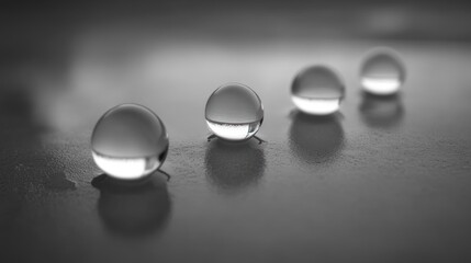Monochrome Water Droplets: Reflective Spheres on a Wet Surface