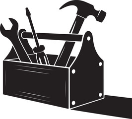A vector silhouette icon set of construction tools and equipment like a hammer, saw, screwdriver, drill, and wrench