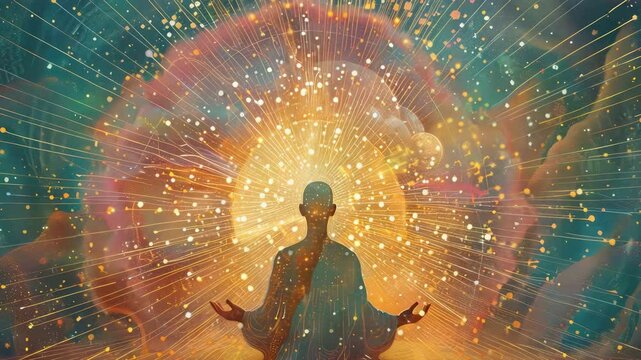 A moment of inner peace, a serene figure is in the heart of radiant energy, exuding a sense of tranquility and spiritual awakening.