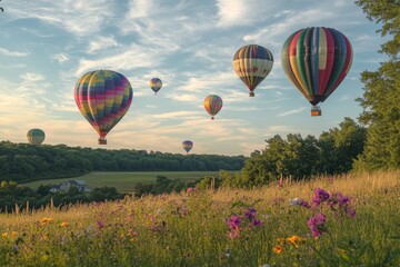 Fototapeta premium Colorful hot air balloons ascend into the clear blue sky over a picturesque meadow filled with wildflowers, capturing the essence of summers lively beauty