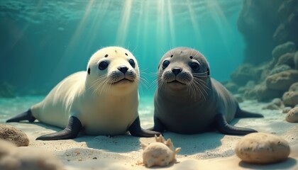 Fototapeta premium Two playful seals, one light, one dark furred, rest on sandy ocean floor bathed in soft underwater sunlight. Gentle rays filter through clear turquoise water, illuminating marine life, rocky reef