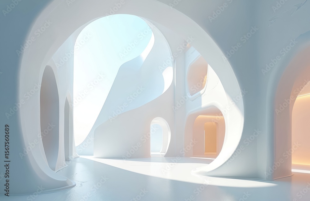 Poster minimalist abstract architectural space with fluid lines, soft curves. bright, airy interior featuri