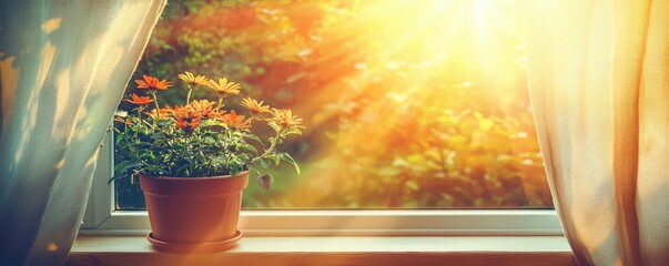 Summer vibes concept Sunlight filters through a window, illuminating a potted plant and sheer curtains, creating a warm, serene atmosphere.