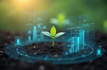 Young green plant sprouts from fertile soil, surrounded by futuristic holographic data displays. Digital monitoring shows growth, temperature, humidity, and nutrient levels for advanced agriculture.