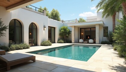 Fototapeta premium Modern minimalist courtyard featuring serene swimming pool with turquoise water. Natural textures, clean architectural lines define space, creating private retreat. Olive tree, rich landscaping