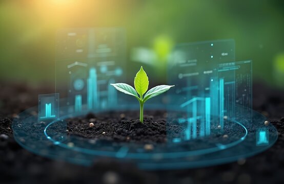 Young green plant sprouts from fertile soil, surrounded by futuristic holographic data displays. Digital monitoring shows growth, temperature, humidity, and nutrient levels for advanced agriculture.