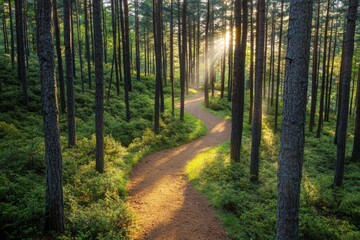 Fototapeta premium A tranquil forest path winds through towering trees, with warm sunlight creating a calming atmosphere. Lush greenery lines the trail, inviting exploration in a peaceful setting
