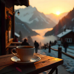 A coffee cup on a glass-topped cafe table in the Swiss Alps, vibrant golden sunrise illuminating the scene, low clouds drifting through the mountains, summer wildflowers in bloom.