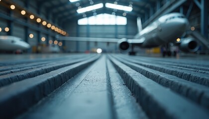 Fototapeta premium Aircraft maintenance hangar interior, showcasing advanced composite materials and airplane structure. Industrial environment with focus on engineering, technology, and meticulous repair processes.