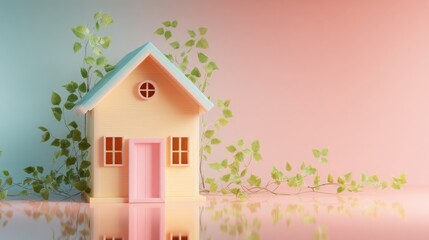 Brightly colored toy house with ivy on a gradient background depicting a serene and whimsical atmosphere
