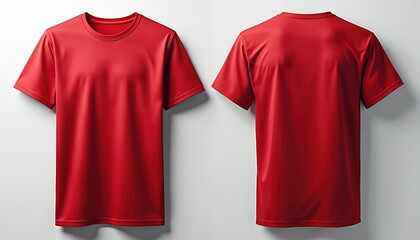 Blank red t-shirt mockup front and back view. Empty template for custom design, advertisement, branding text or logo. Isolated on clean white background, pro studio shot.