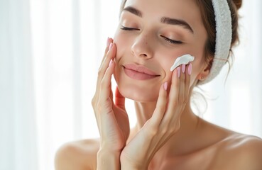 Young woman with soft skin applies moisturizing cream to face. Eyes closed in pleasure as gently touches cheek with cream. Skincare concept promotes healthy, fresh-looking skin, radiant glow.