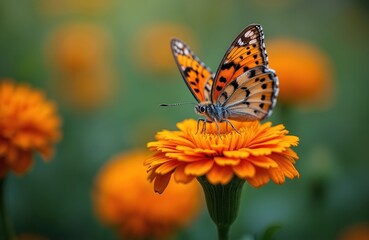 Macro shot of small orange butterfly with black spots resting on bright orange flower. Soft focus background with flowers. Focus on insect, nature, delicate beauty. Detailed view of wing patterns,