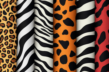 Collection of natural seamless patterns with coat, skin of fur textures of wild exotic animals - zebra, snake, tiger, leopard, giraffe. Flat vector illustration for wrapping paper, textile print