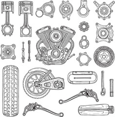 Large collection of hand-drawn motorcycle and automotive engine components and parts