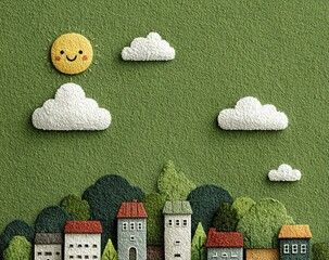 绿色背景上，用简单的白线勾勒出太阳和云彩的轮廓，风格类似童书插画。设计简洁可爱，绿色渐变背景、云彩、树木和建筑交相辉映。屏幕左侧留白。图像分辨率高，细节丰富，画质出色。