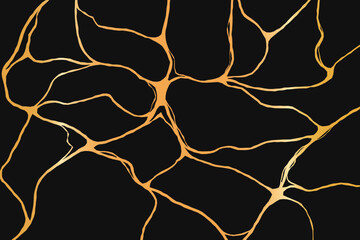 Gold kintsugi crack lines on black background. Japanese golden pattern, luxury marble texture. Vector illustration.