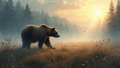 Brown bear wanders through misty meadow at sunrise. Gentle sun rays illuminate forest trees and wild grass. Atmospheric painting evokes wildlife, nature, and peaceful wilderness exploration.